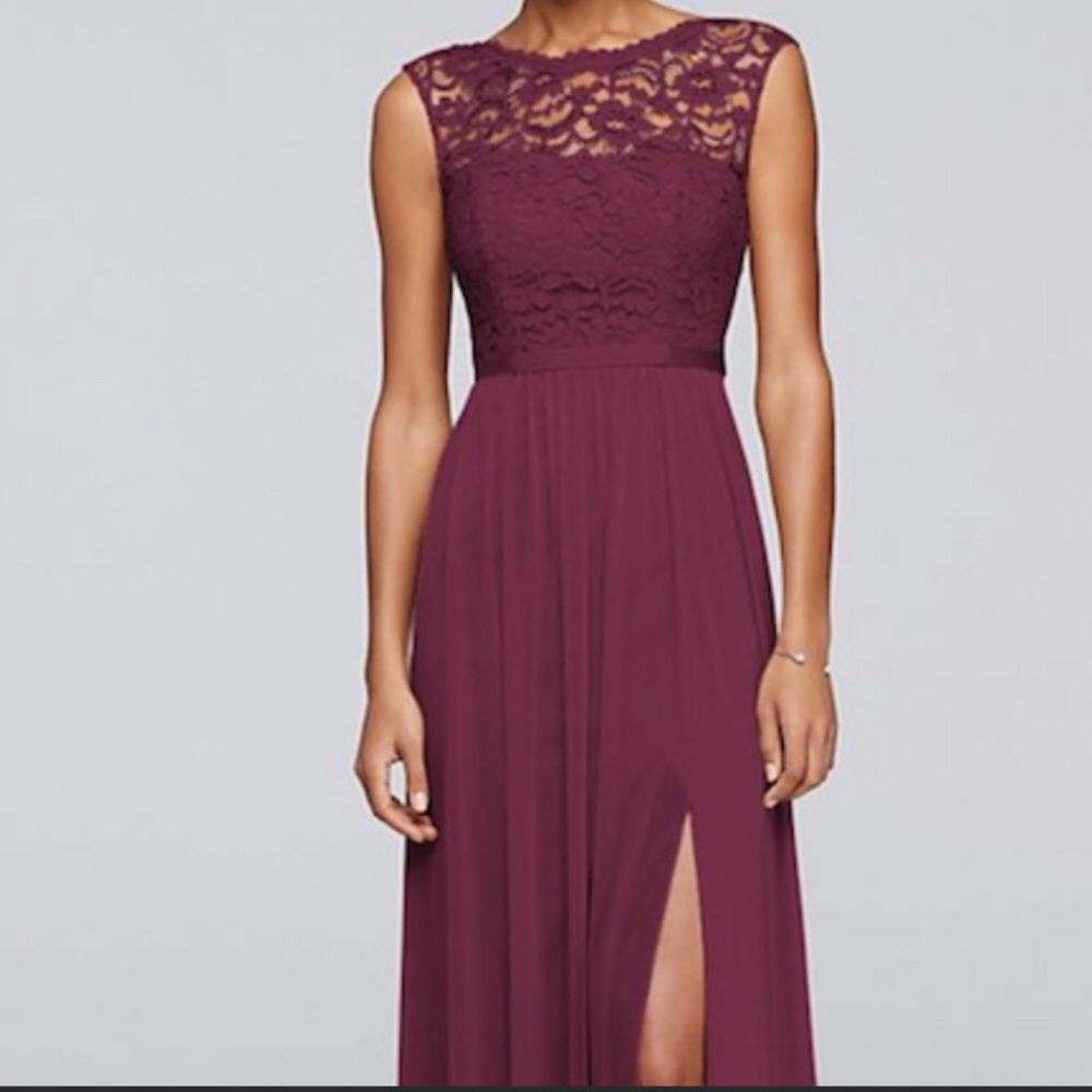 Long bridesmaid dress with lace bodice.